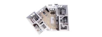A floor plan of a small apartment with a living room, kitchen, and bathroom.