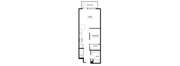 A floor plan of an apartment with a living room, bedroom, closet, and bathroom.