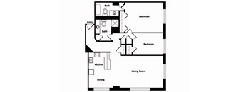 735 St. Clair Apartments B35 2D Floor Plan with a living room, a dining area, kitchen, 2 bedrooms, and 2 bathrooms