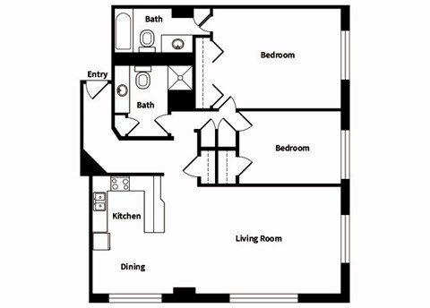 735 St. Clair Apartments B35 2D Floor Plan with a living room, a dining area, kitchen, 2 bedrooms, and 2 bathrooms