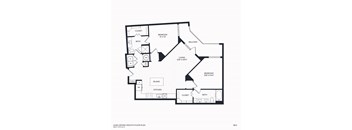 A floor plan of B6's layout with a living room, two bedrooms, two bathrooms, a kitchen, and an island.