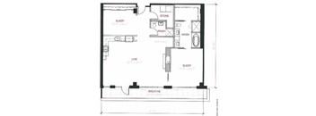 A floor plan of a small apartment with a sleeping area, a living area, a store, and a bathroom.