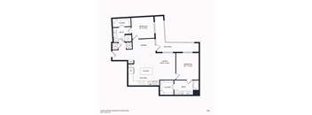 A floor plan of a two bedroom apartment home with a living room, dining room, kitchen, and two bathrooms