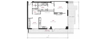 A floor plan of a small apartment with a sleeping area, a living area, and a bathroom.
