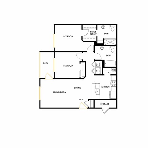 A floor plan of a house with a living room, two bedrooms, a kitchen, a bathroom, a dining area, and storage.