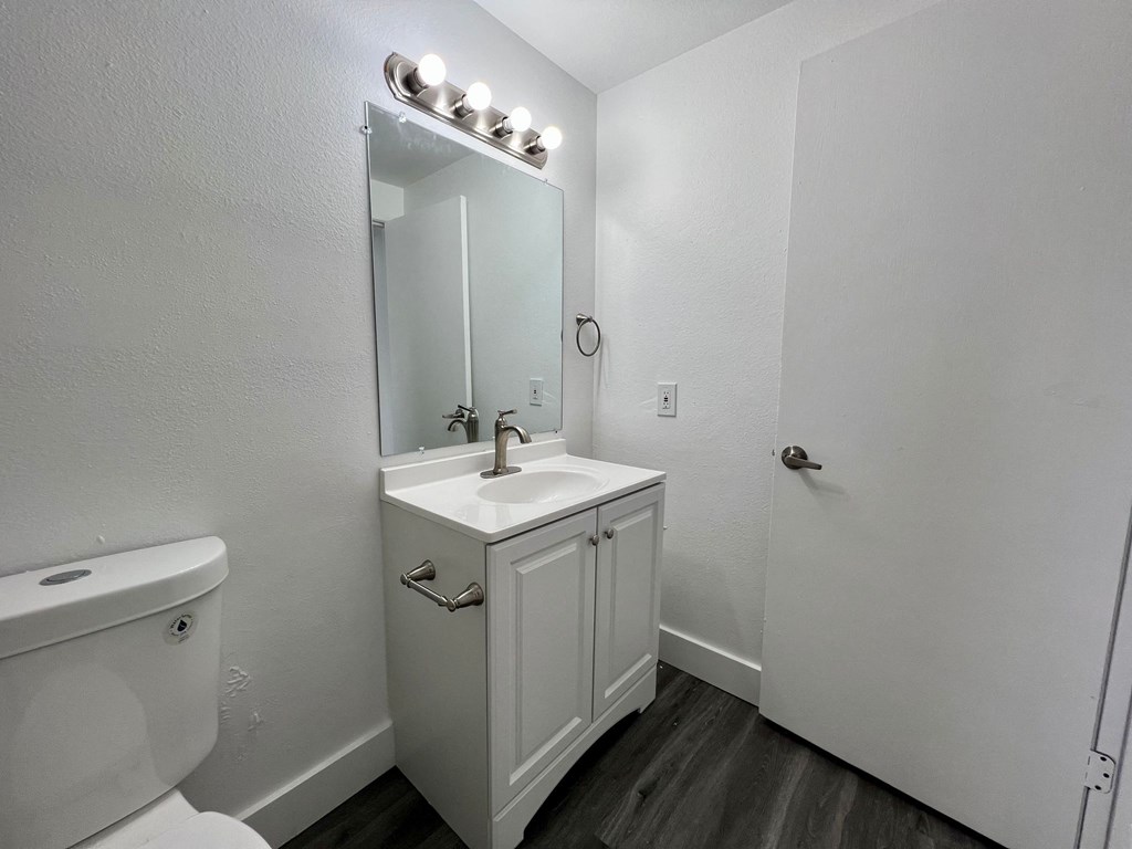 a bathroom with a white sink and toilet and a mirror