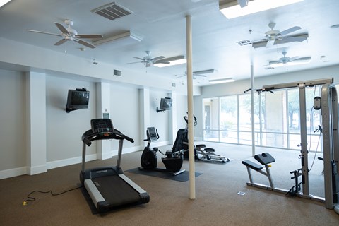 A gym with several fitness machines.