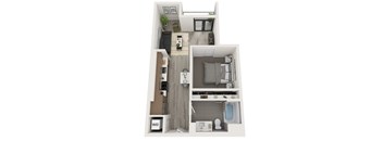 A floor plan of a small apartment with a kitchen, living room, and bathroom.