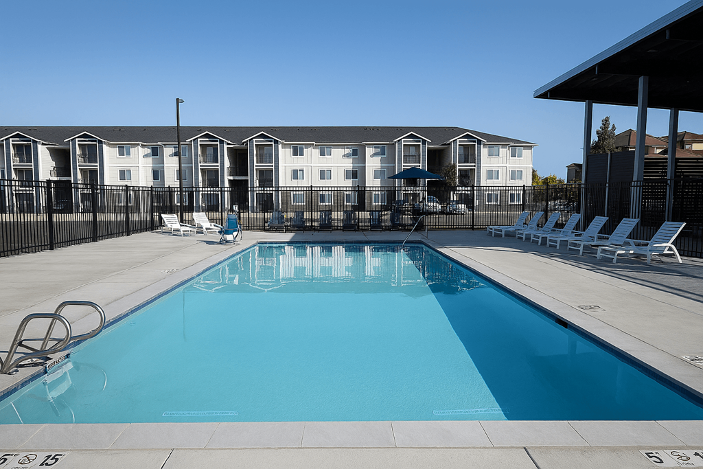 A swimming pool in front of apartment buildings.