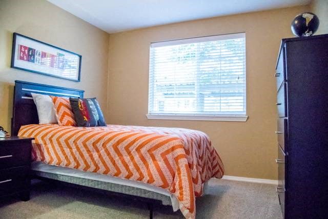 a bedroom with a bed and a dresser and a window