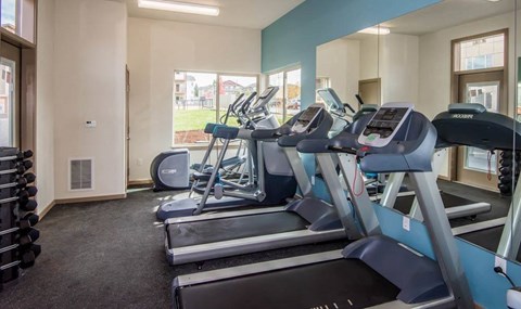 A gym with treadmills and a mirror.