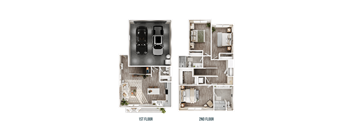 A floor plan of a two-story home with a garage on the first floor and a living area on the second floor.