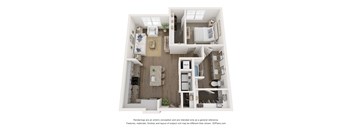 A 3D floor plan of a small apartment with a kitchen, living room, and bedrooms.