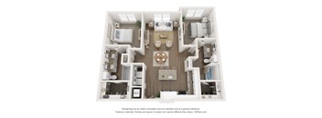 A 3D floor plan of a house with a kitchen, living room, and bedrooms.
