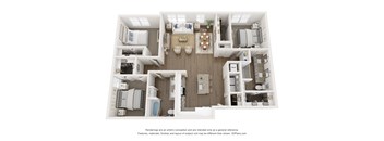 A 3D floor plan of a house with a kitchen, living room, and two bedrooms.