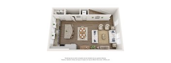 A 3D floor plan of a house with furniture and appliances.