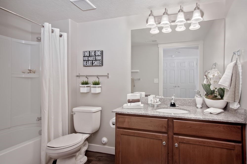 A bathroom with a toilet, sink, and mirror.