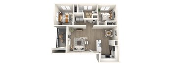 A 3D floor plan of a small apartment with a living room, kitchen, and bedroom.