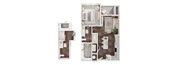 A top-down view of a small apartment with a kitchen, living room, and bathroom.