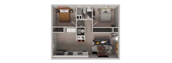 A 3D floor plan of a small apartment with a bedroom, living room, kitchen, and bathroom.