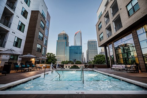 a pool with a view of the city
