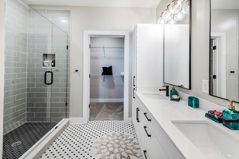 a bathroom with a shower and a sink and a mirror