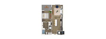 A floor plan of a small apartment with a living room, kitchen, and bathroom.