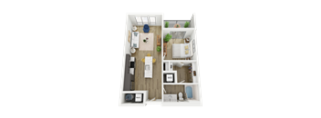 A 3D floor plan of a A2 apartment home with a kitchen, living room, and bathroom.