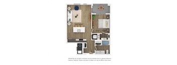 A 2D floor plan of an A3 apartment home with a kitchen, living room, and bathroom.