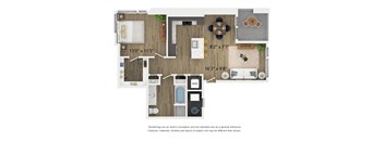 A 2D floor plan of an A4 apartment home with a kitchen, living room, and bathroom.