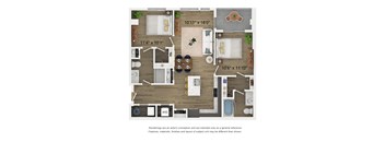A 2D floor plan of a B1 apartment home with 2 bedrooms, a kitchen, living room, and 2 bathrooms.