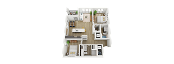 A 3D floor plan of a B2 apartment home with 2 bedrooms, a kitchen, living room, and 2 bathrooms.