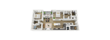 A 3D floor plan of a B4 apartment home with 2 bedrooms, a kitchen, living room, and 2 bathrooms.