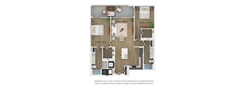 A 2D floor plan of a B5 apartment home with 2 bedrooms, a kitchen, living room, and 2 bathrooms.