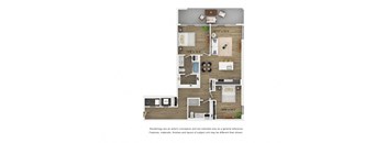 A 2D floor plan of a B6 apartment home with 2 bedrooms, a kitchen, living room, and 2 bathrooms.