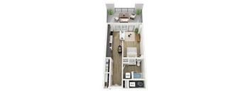 A 2D floor plan of a S1 apartment home with a living room/bedroom, bathroom, and patio/balcony