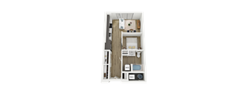 A 2D floor plan of a S1 apartment home with a living room/bedroom, bathroom, and patio/balcony