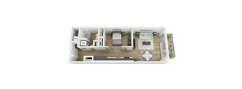A 3D floor plan of an Urban S1 apartment home with a living room/bedroom, bathroom, and patio/balcony
