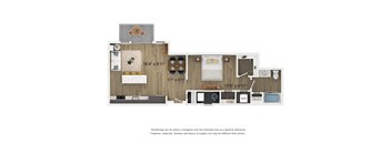 A 3D floor plan of an Urban S2 apartment home with a living room/bedroom, bathroom, and patio/balcony