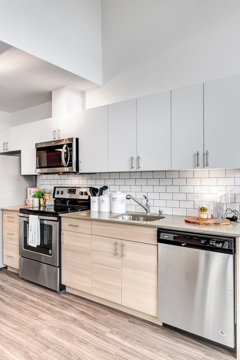 A modern kitchen with a stainless steel dishwasher and oven.