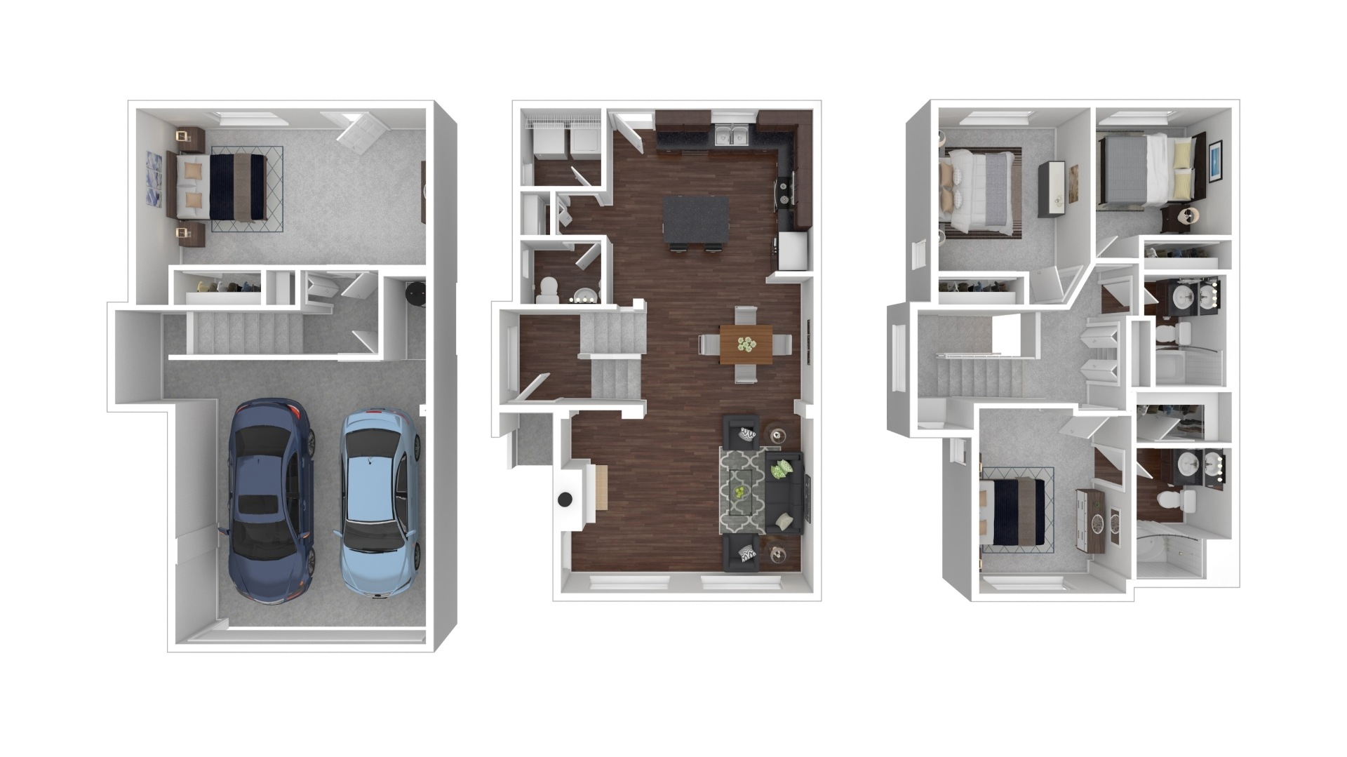 Three different floor plans of a house with a garage and a living room.