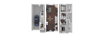 A 3D floor plan of a house showing the layout of the rooms.