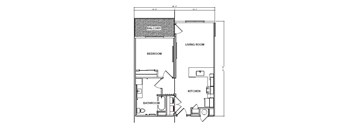 A floor plan of a small apartment with a balcony, living room, kitchen, bedroom and bathroom.