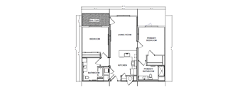 A floor plan of a house with a living room, two bedrooms, a kitchen, and two bathrooms.