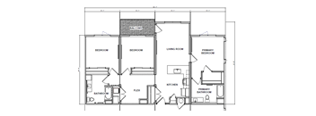 A floor plan of a house with a balcony, two bathrooms, two bedrooms, a living room, a kitchen, and a flex space.