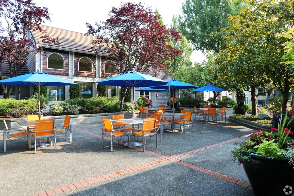 a patio with tables and umbrellas in front of a building