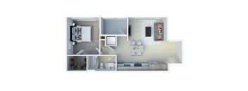 A 3D floor plan of a small apartment with a living room, kitchen, and bedroom.