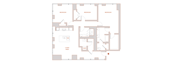 A diagram of a house layout with three bedrooms, a living area, and a dining area.