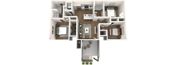 A 3D floor plan of a house with a living room, kitchen, and two bedrooms.