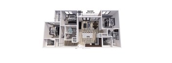 A diagram of a house layout with a balcony, bathroom, kitchen, and closet.